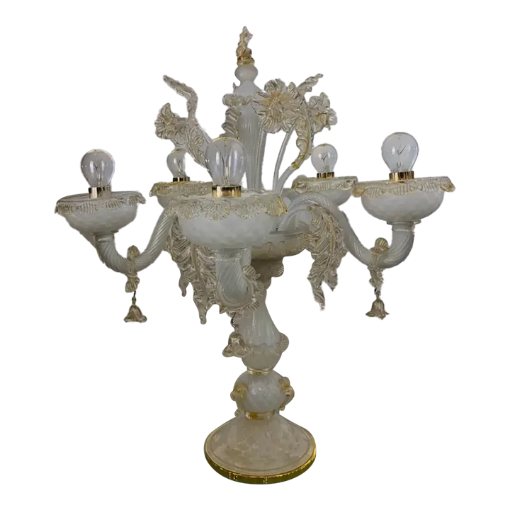 Murano Glass White And Gold Table Lamp With Flowers And Leaves