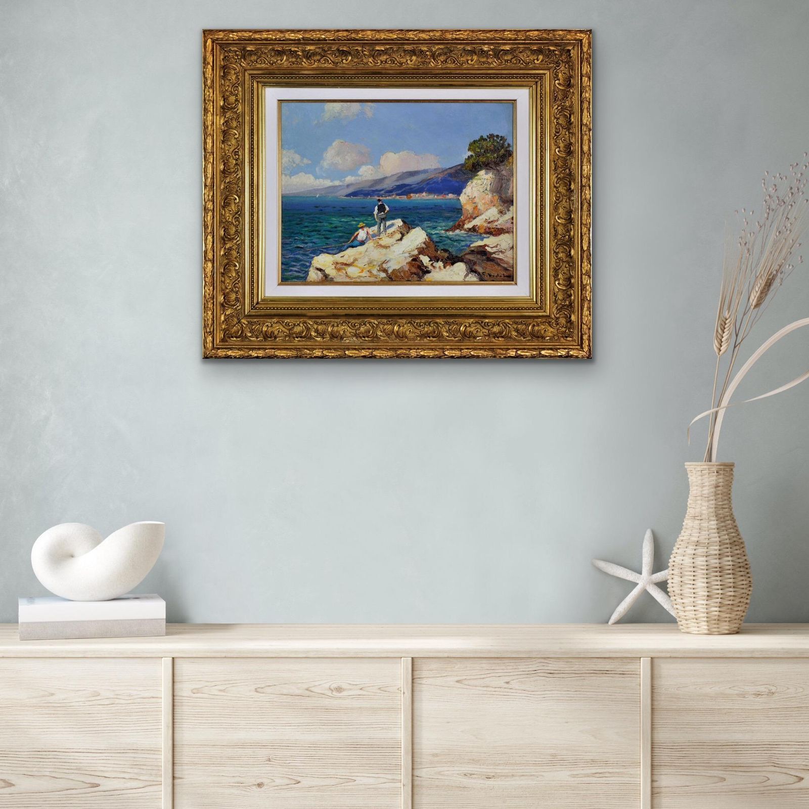 Gustave Vidal 1895 To 1966. French. Pêcheurs Sur Les Rochers. 1930s Framed Original Côte D'azur Oil Painting. photo vinterior