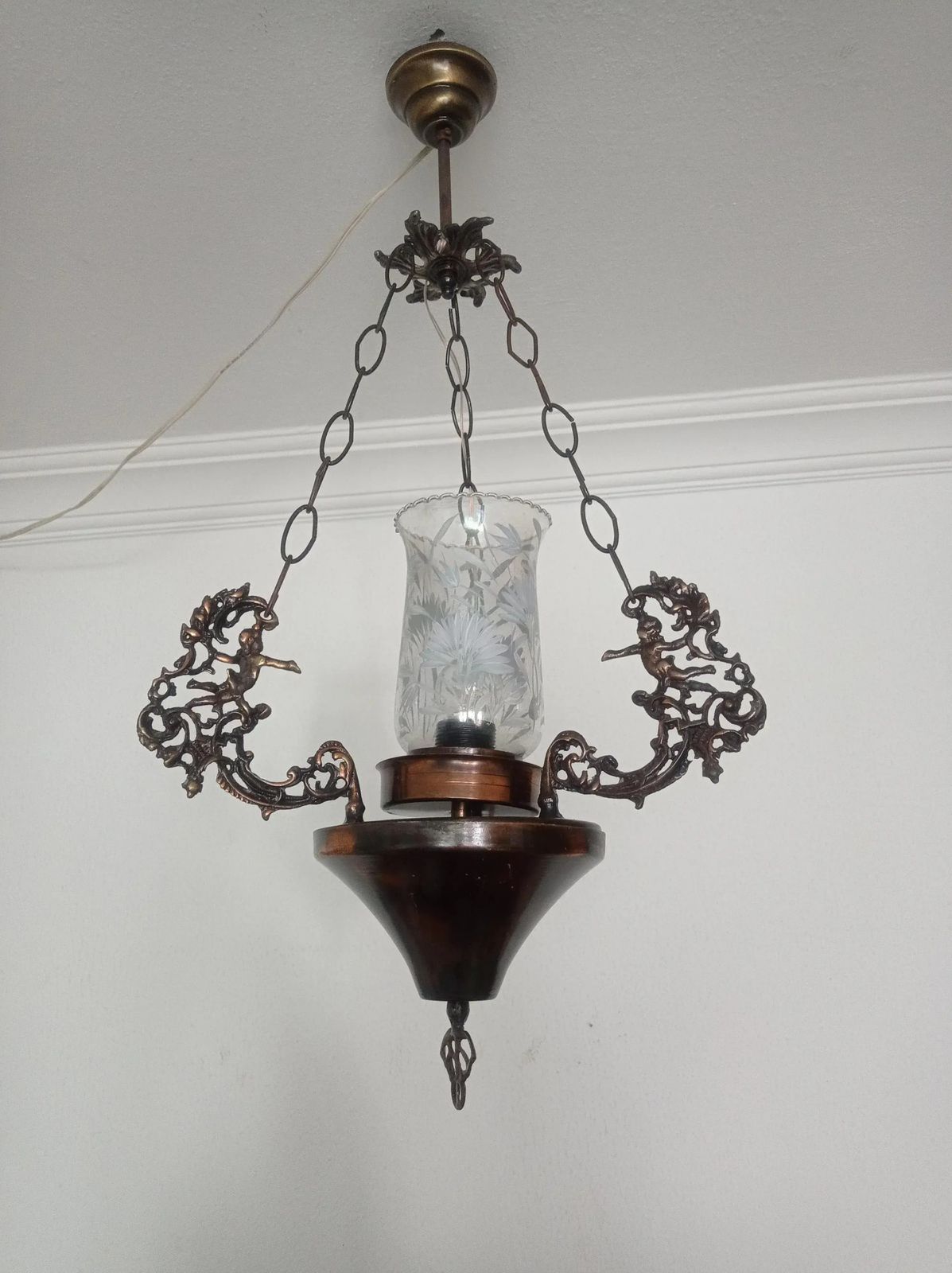 photo for sale Vintage 1980s Brass French Angel Rococo & Cherub Pendant Fixture