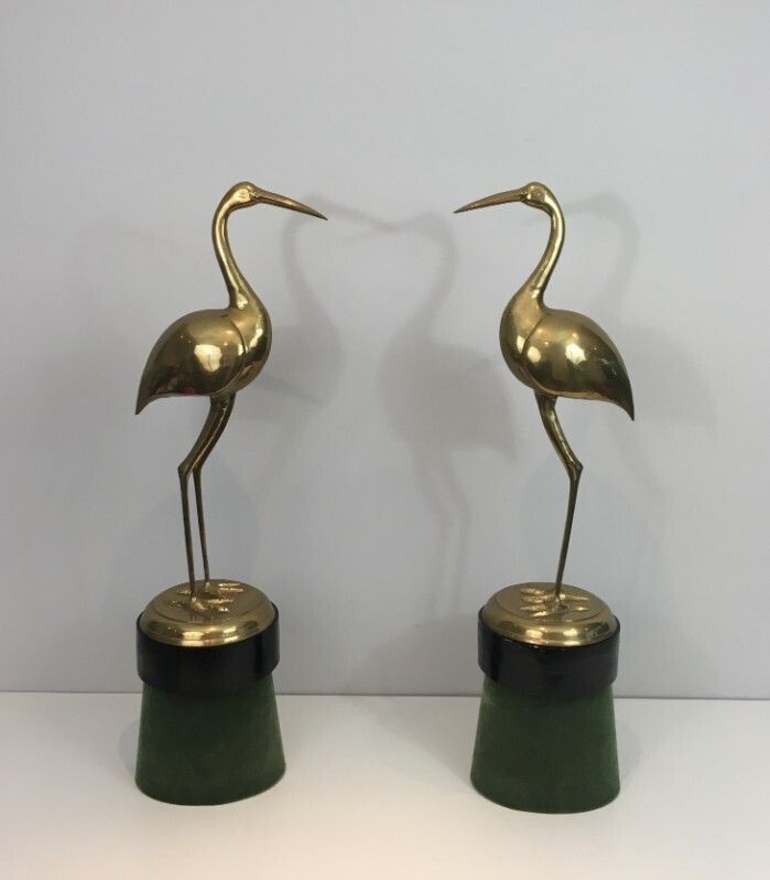 Pair Of Important And Decorative Brass Ibis On Wooden Stands