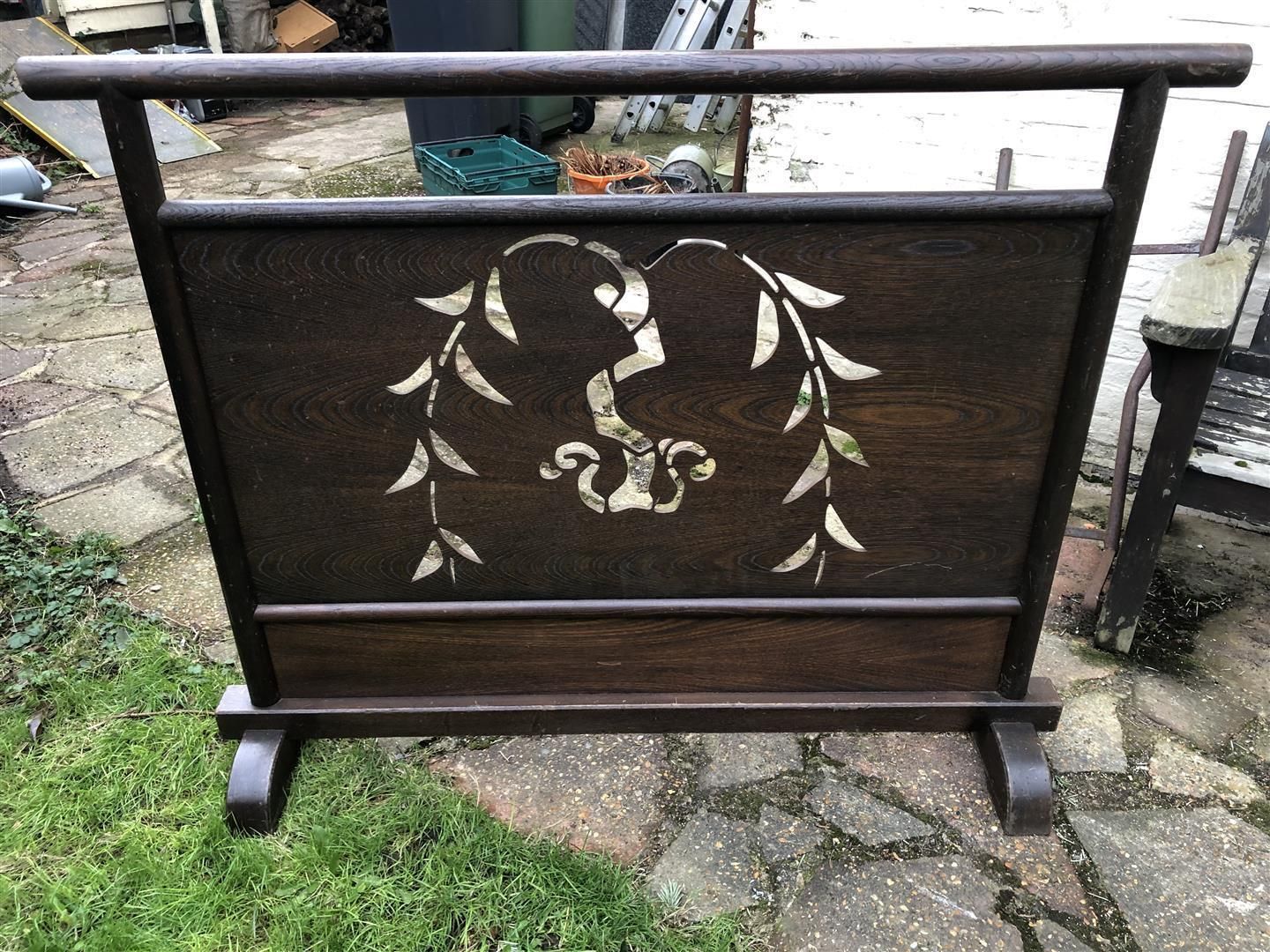 photo for sale Vintage Japanese Dark Wood Room Divider Screen With Pierced Design