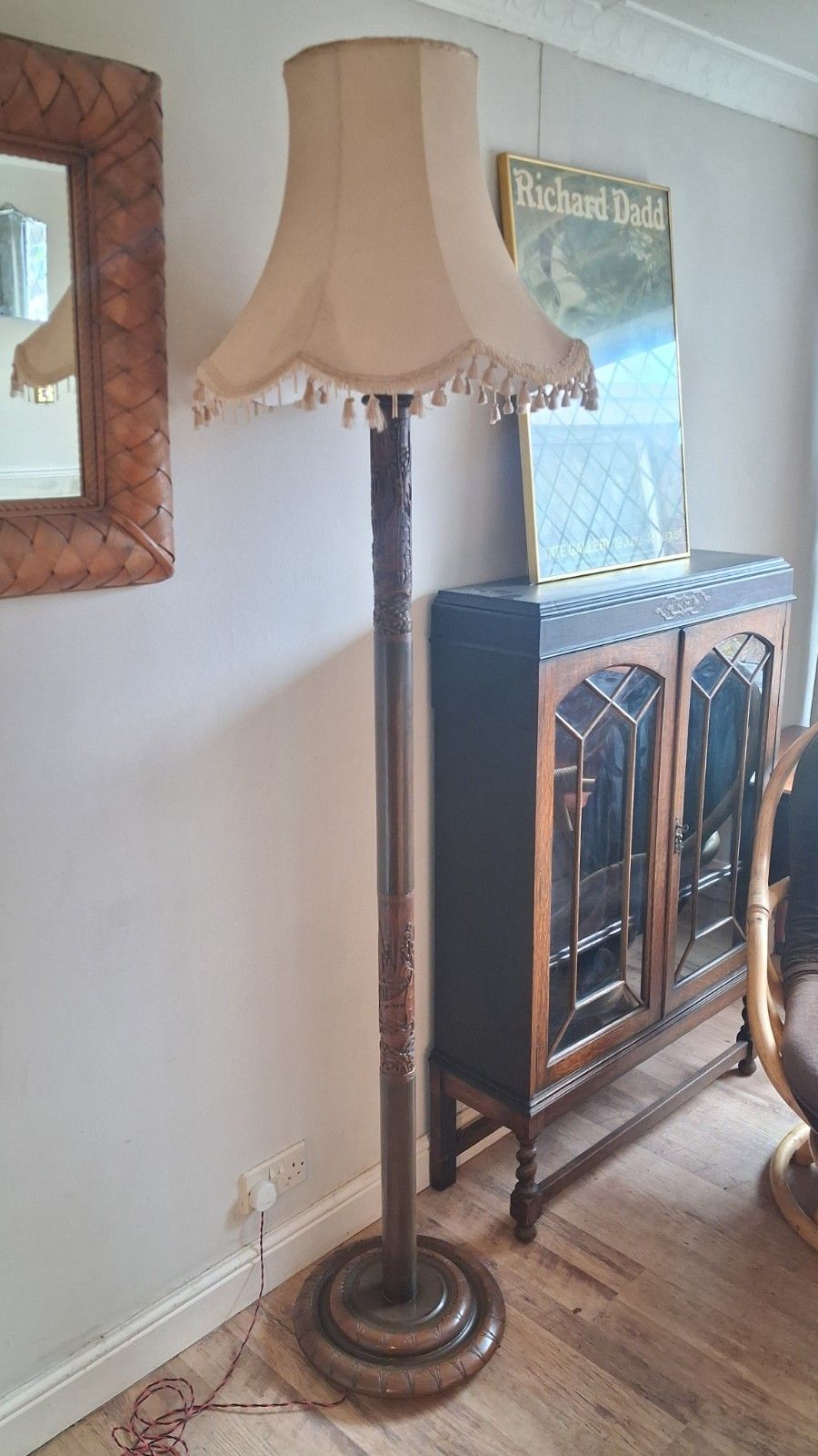 photo for sale Beautiful 1930s Vintage Japanese Ebony Hardwood Hand Carved Standard Lamp