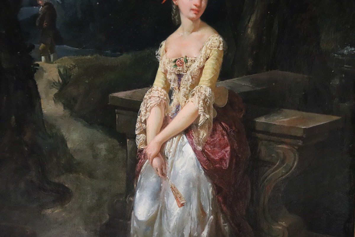 Romantic Scene, 1800s, Oil On Paper Mounted On Canvas, Framed photo vinterior