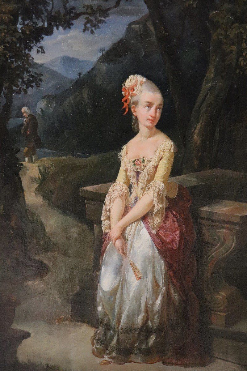 1668.0 Romantic Scene, 1800s, Oil On Paper Mounted On Canvas, Framed photo