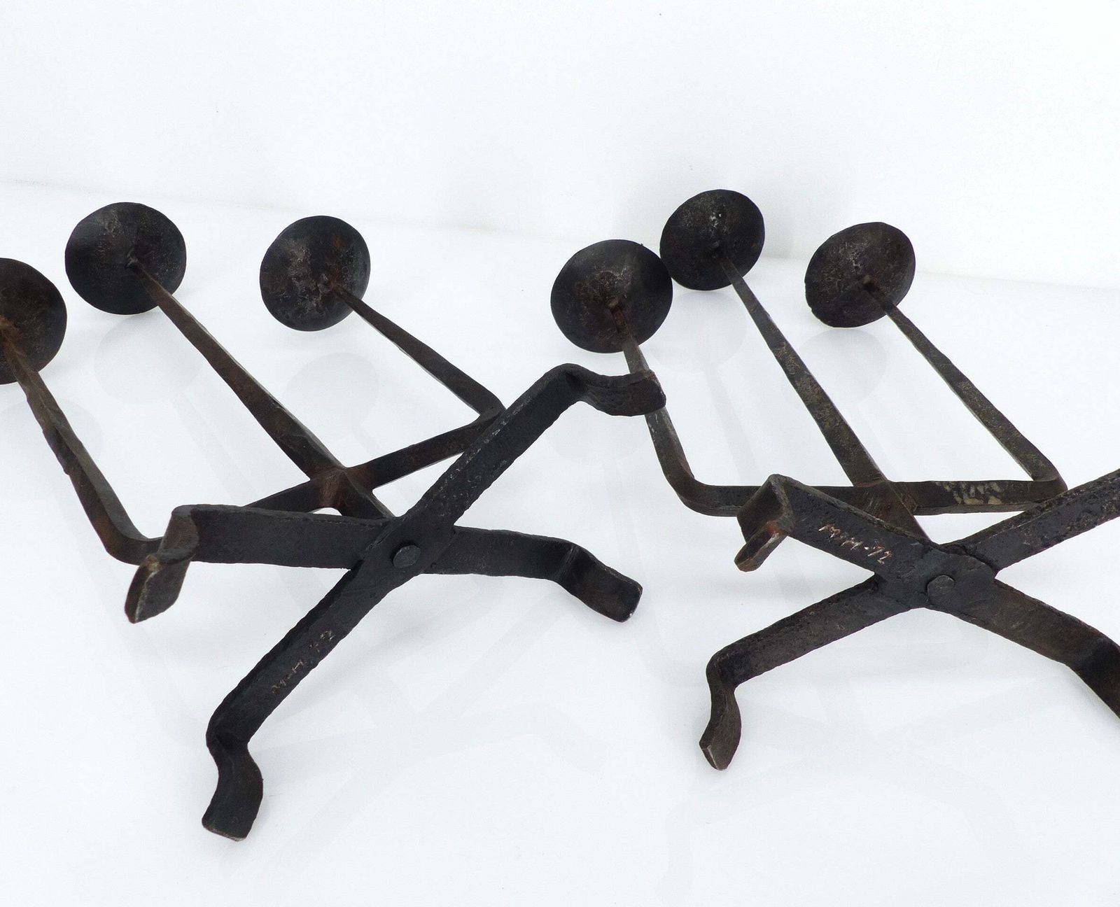 Pair Of Brutalist Wrought Iron Chandeliers, France, Three Lights, Signed, 1972 photo vintage