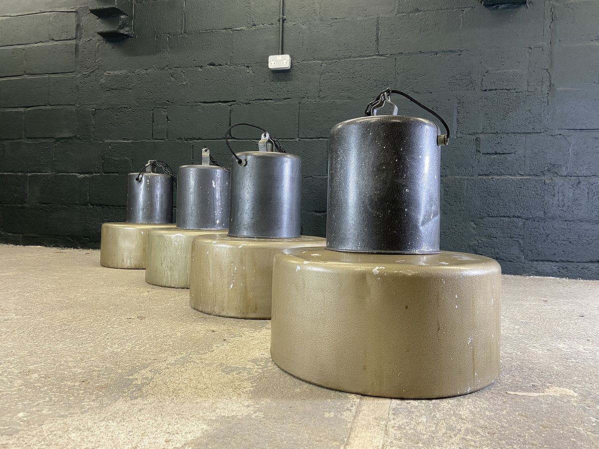Set Of 4 Holophane Factory Pendant Lights From France. 1930s. Rewired. photo for sale