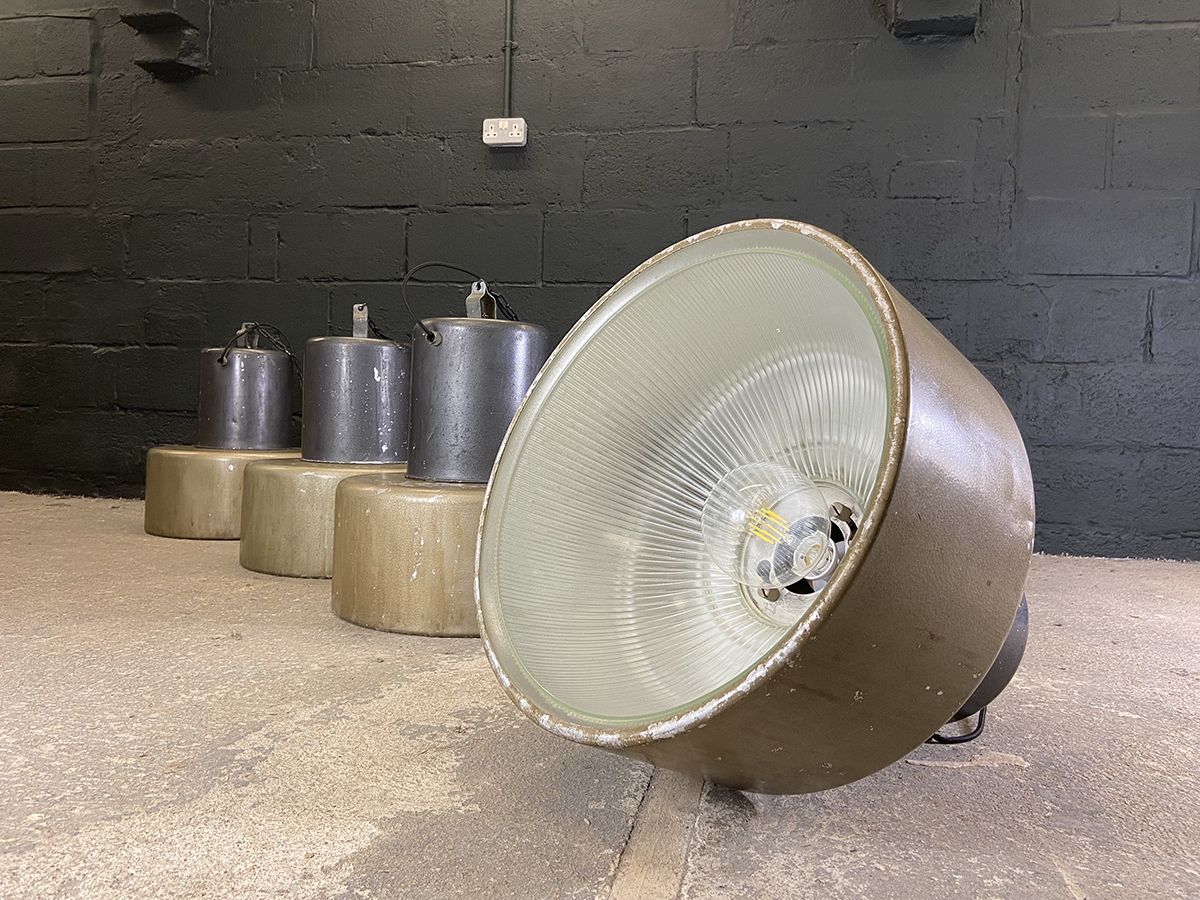 Set Of 4 Holophane Factory Pendant Lights From France. 1930s. Rewired.