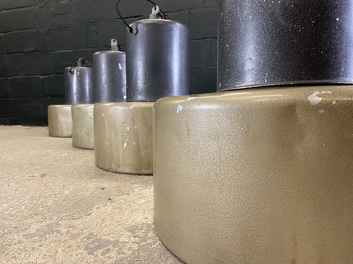 photo vintage Set Of 4 Holophane Factory Pendant Lights From France. 1930s. Rewired.