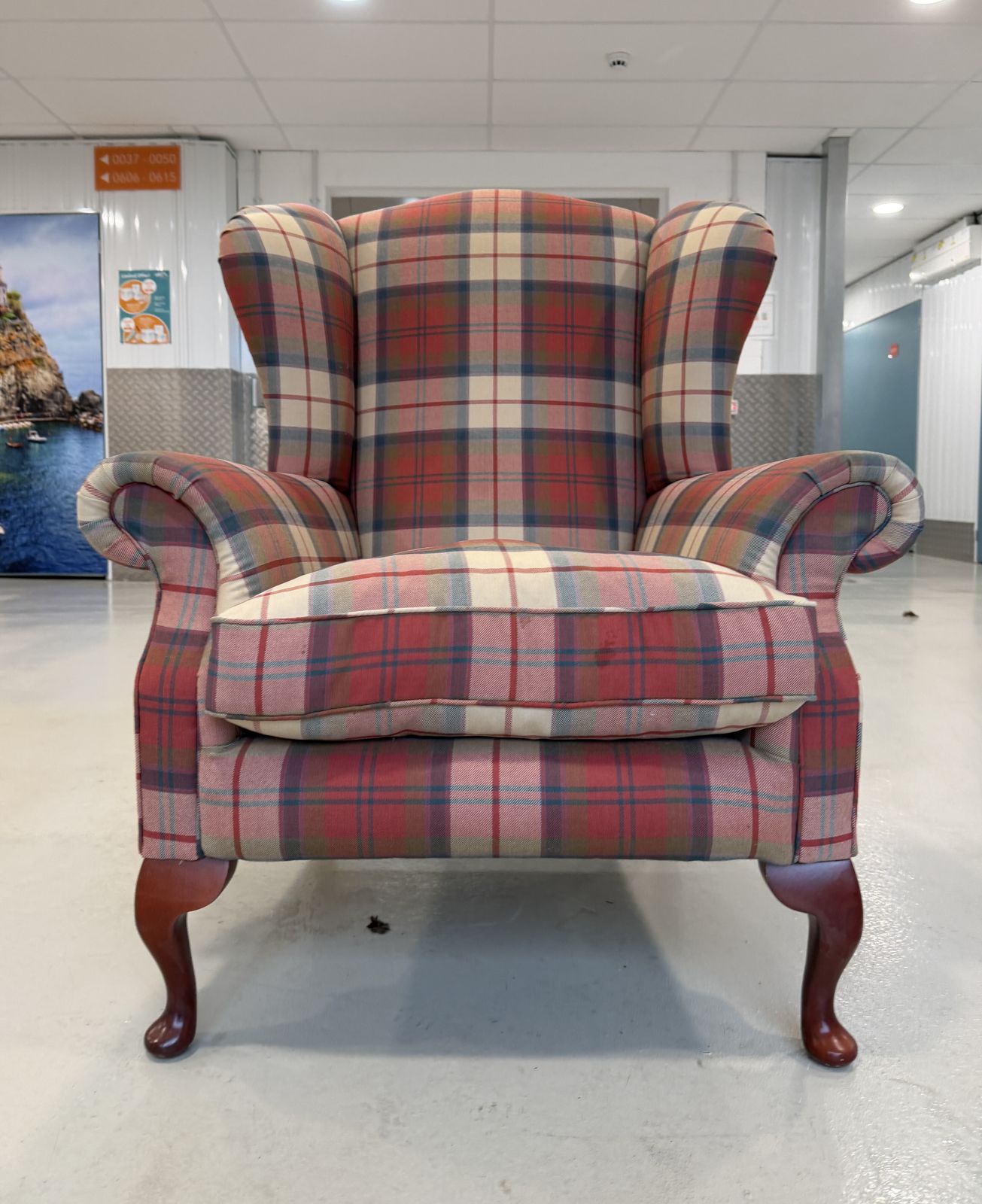 Lovely Queen Anne Style High Wingback Armchair In Red Check Fabric – Great Condition photo Furniture
