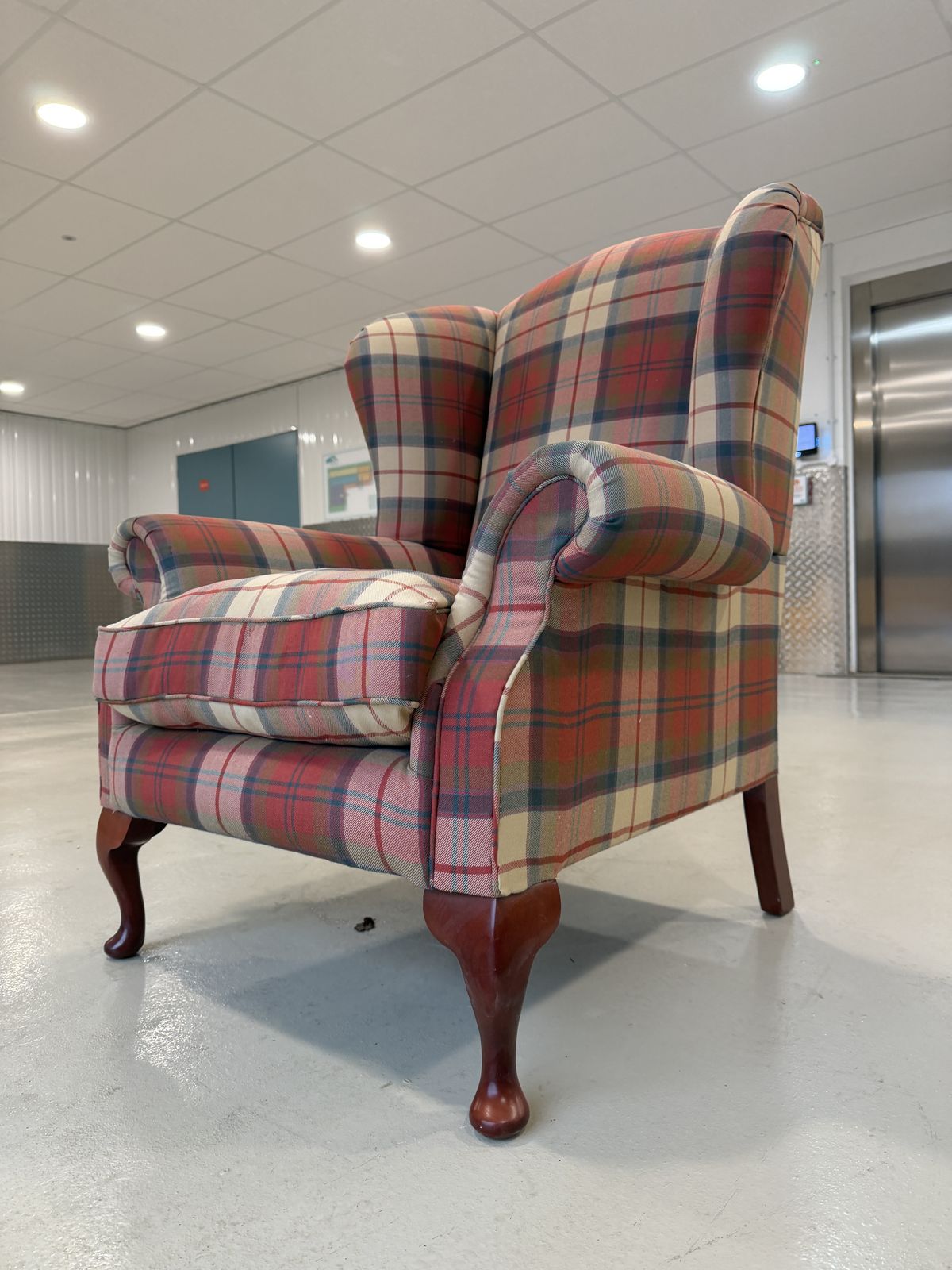 Furniture Lovely Queen Anne Style High Wingback Armchair In Red Check Fabric – Great Condition photo