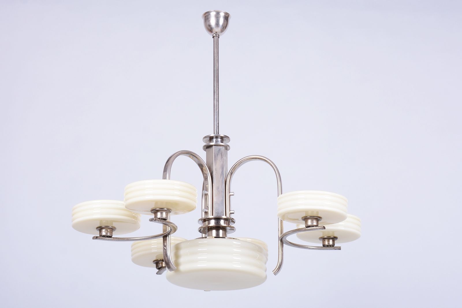 Restored Bauhaus Chandelier, Nickel Plated Steel, Opaline Glass, Czech, 1920s