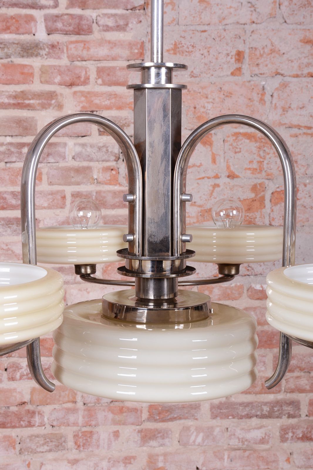 Restored Bauhaus Chandelier, Nickel Plated Steel, Opaline Glass, Czech, 1920s photo vintage