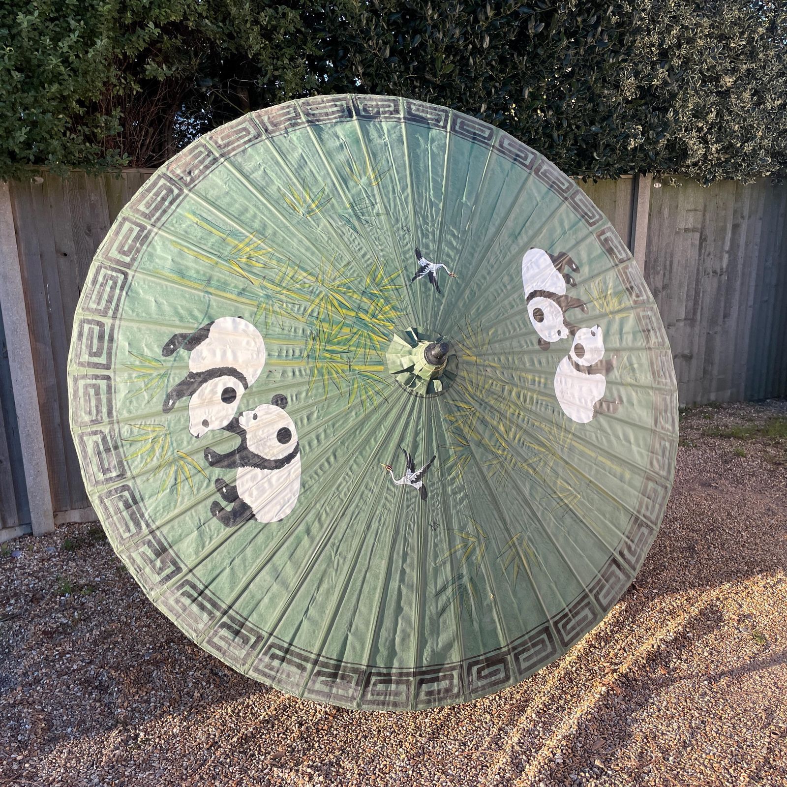 Japanese Hand Painted Parasol Large Garden Bamboo Umbrella Vintage Oriental Decor Asian Folk Art Display Pandas Green Display photo vintage