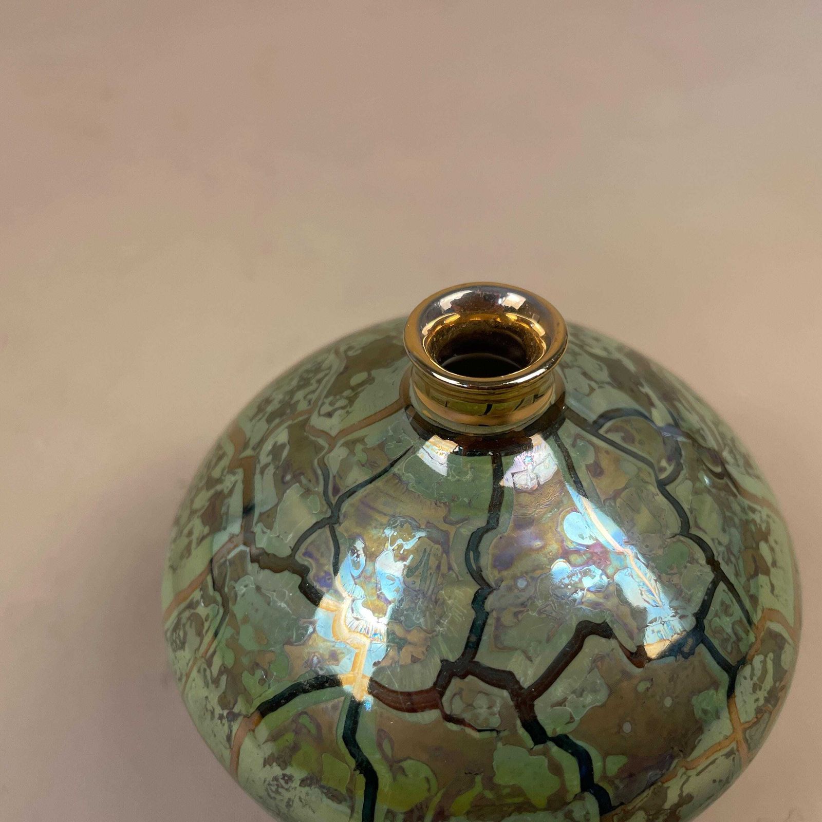 Green Lusterware Vase Iridescent Crackle Studio Pottery Mid Century Asian Pot Vintage Decorative Tabletop Oriental Collectible photo for sale