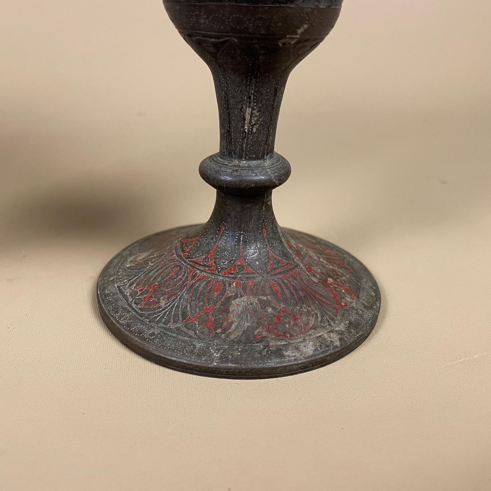 Pair Of Antique Metal Gold Indian Patterned Brass Vase Pot Flute Jardiniere Red Handmade Engraved Painted Intricate Vintage Decorative photo buy