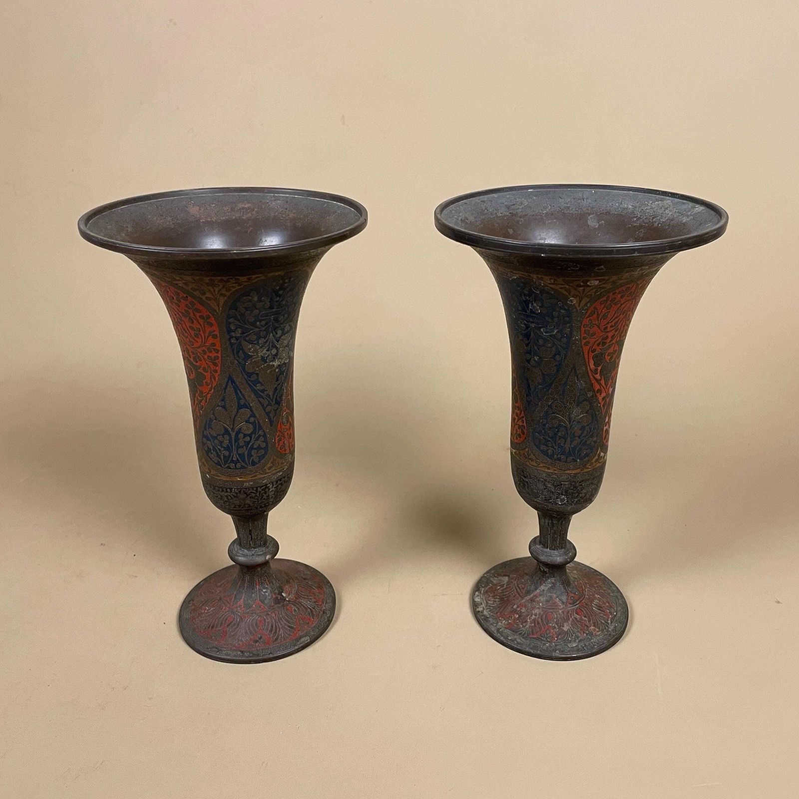 photo furniture Pair Of Antique Metal Gold Indian Patterned Brass Vase Pot Flute Jardiniere Red Handmade Engraved Painted Intricate Vintage Decorative