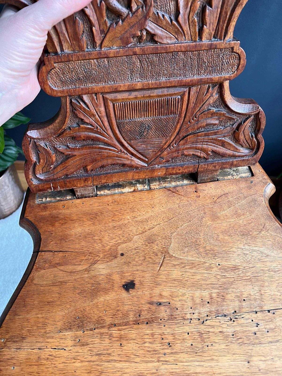 photo furniture Antique Swiss Alpine Chair C. 1880   Rare Memento Mori Skull & Poppy Carving
