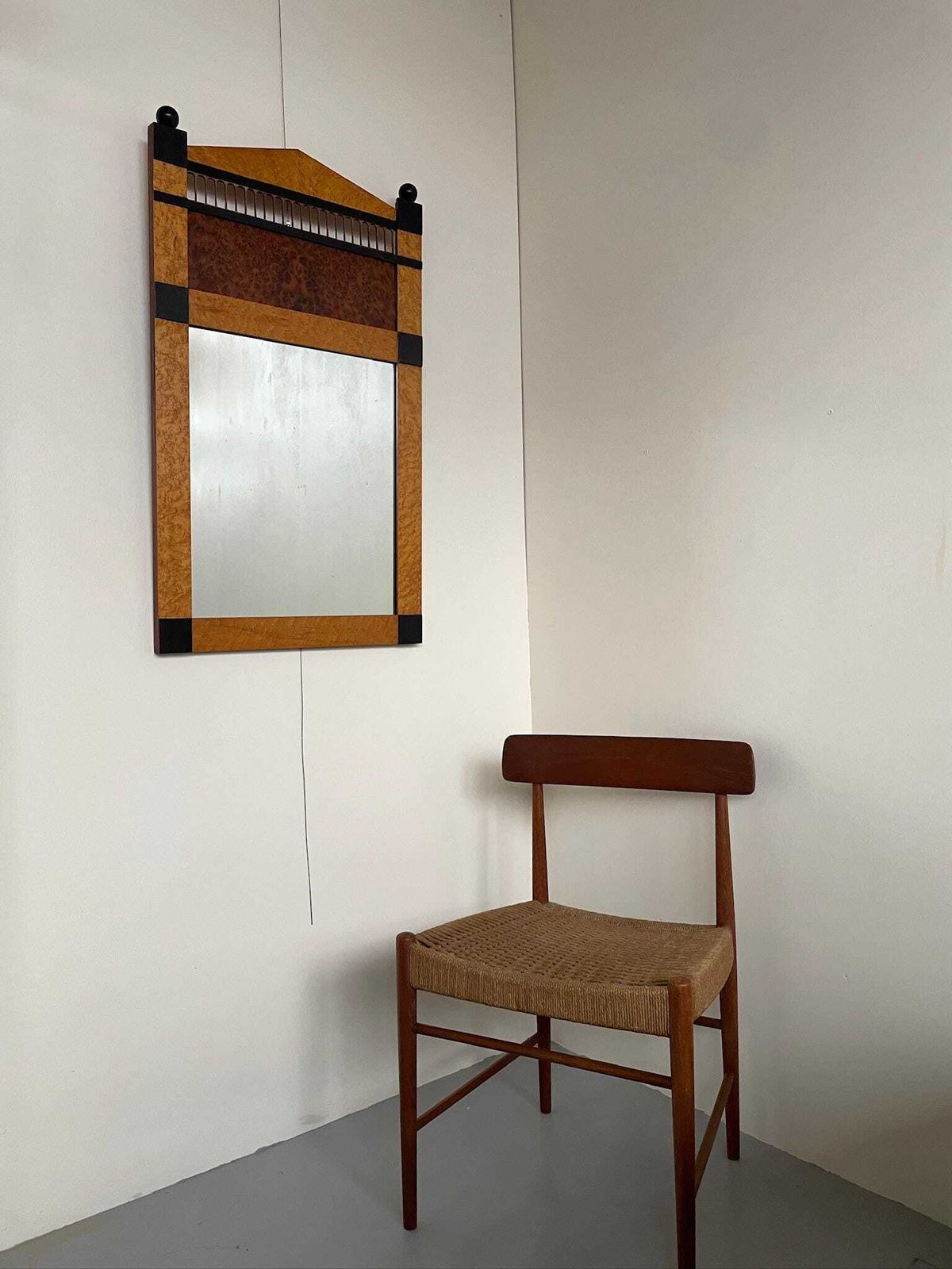 Large Art Deco Style Postmodern Burr Mirror With Black Panels And Finials photo furniture