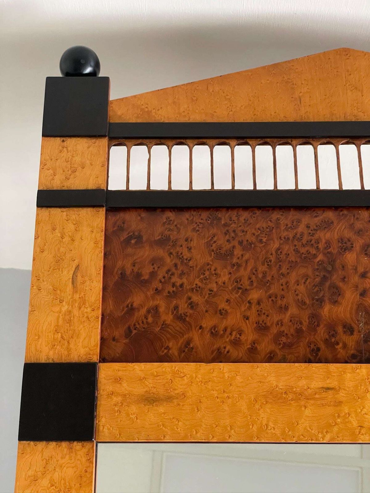 Large Art Deco Style Postmodern Burr Mirror With Black Panels And Finials photo vinterior