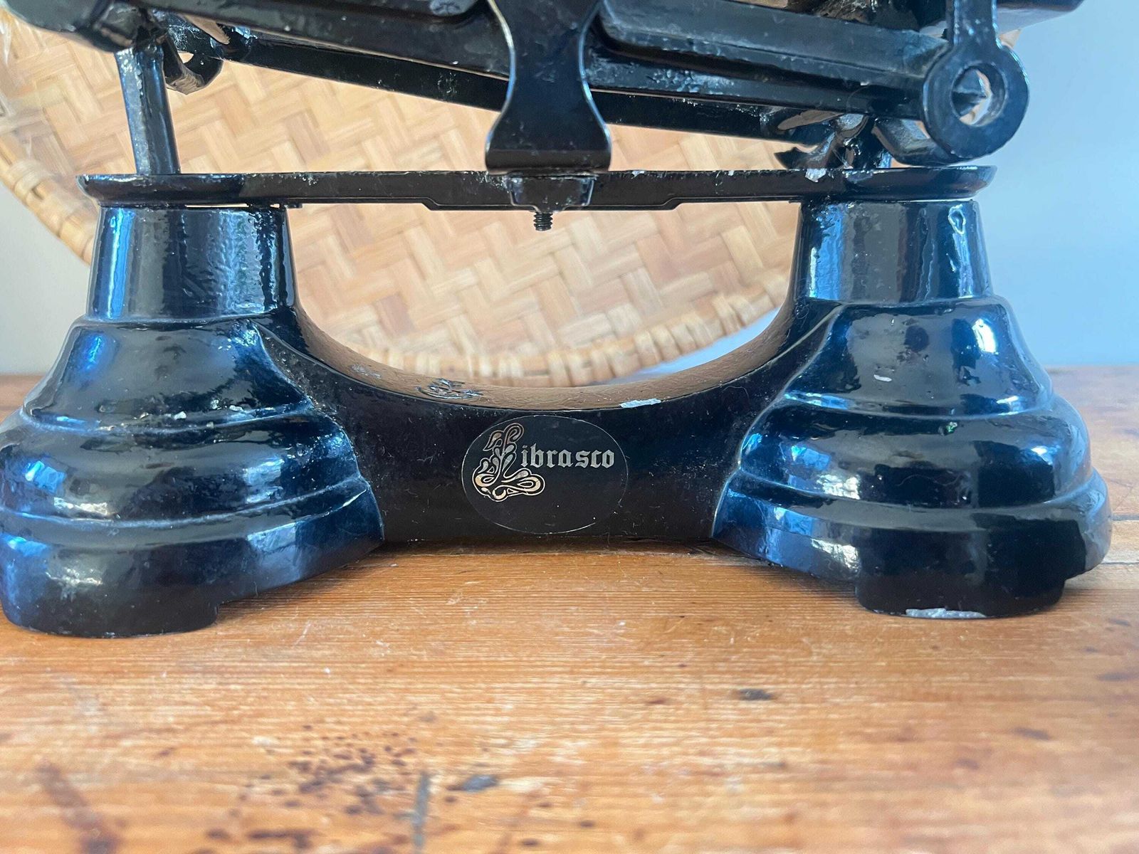 Vintage Black Librasco Kitchen Balance Scales: Brass Pans Full Set Weights, Rustic Farmhouse Kitchen Decor, Cottagecore, Grandmillennial photo for sale
