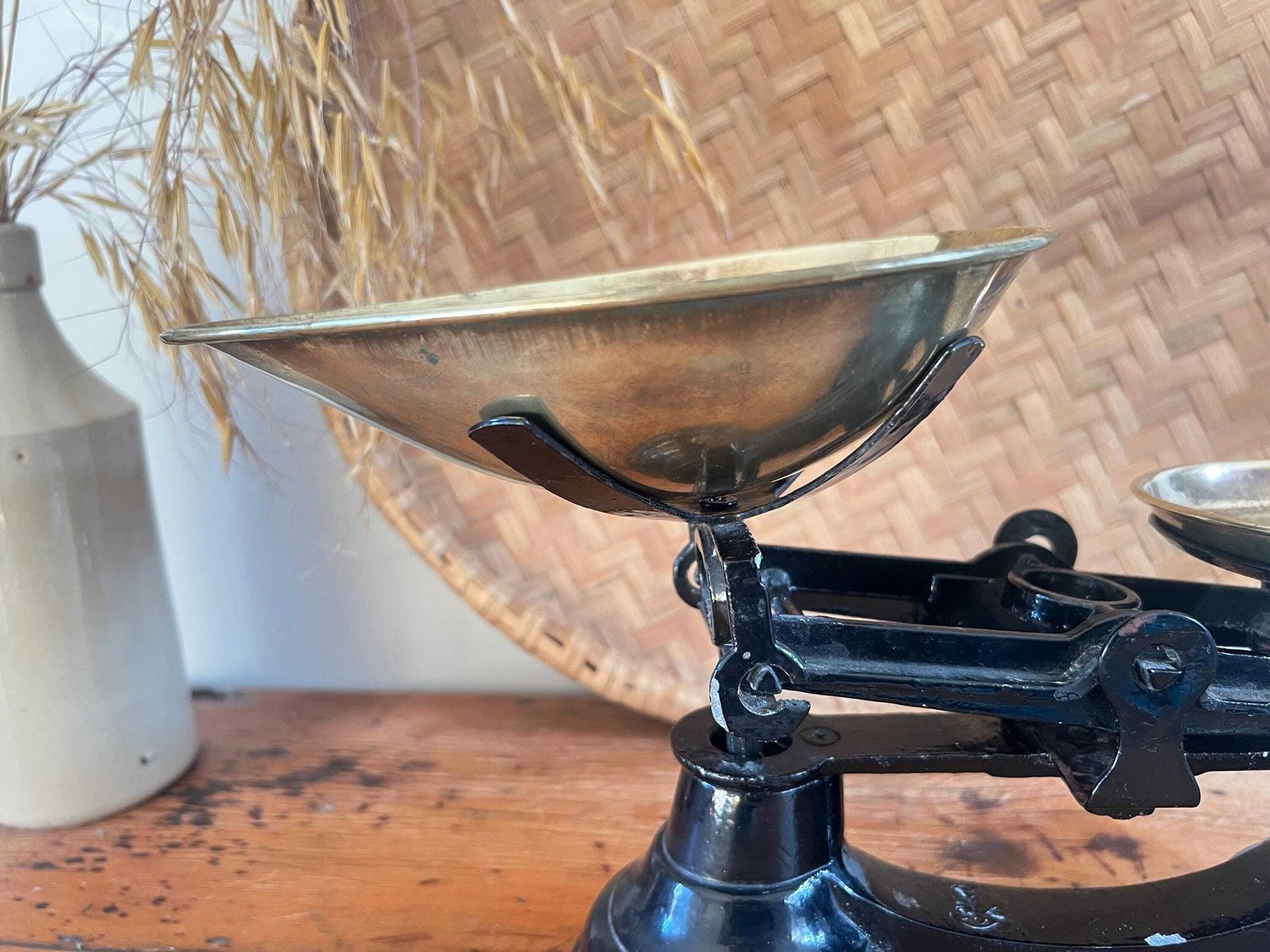 Vintage Black Librasco Kitchen Balance Scales: Brass Pans Full Set Weights, Rustic Farmhouse Kitchen Decor, Cottagecore, Grandmillennial photo vinterior