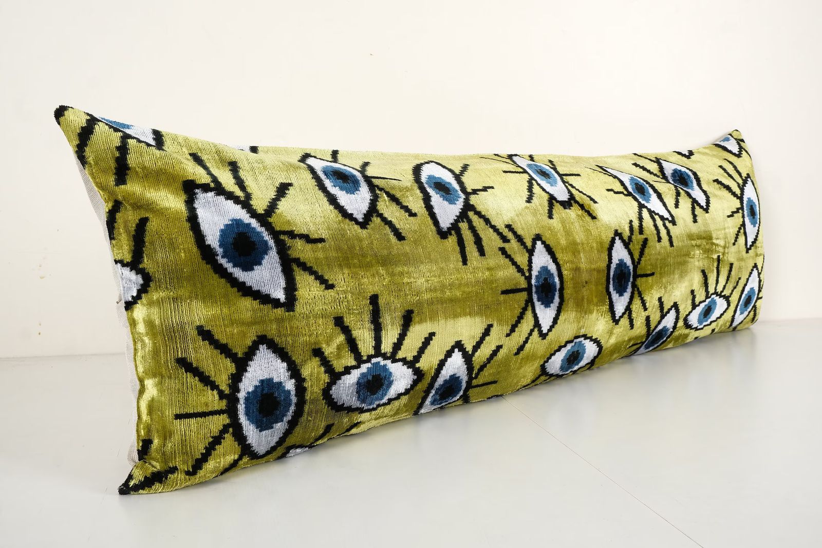 Ikat Eye Lumbar Pillow Cover – Yellow Silk Velvet, Handloomed photo for sale