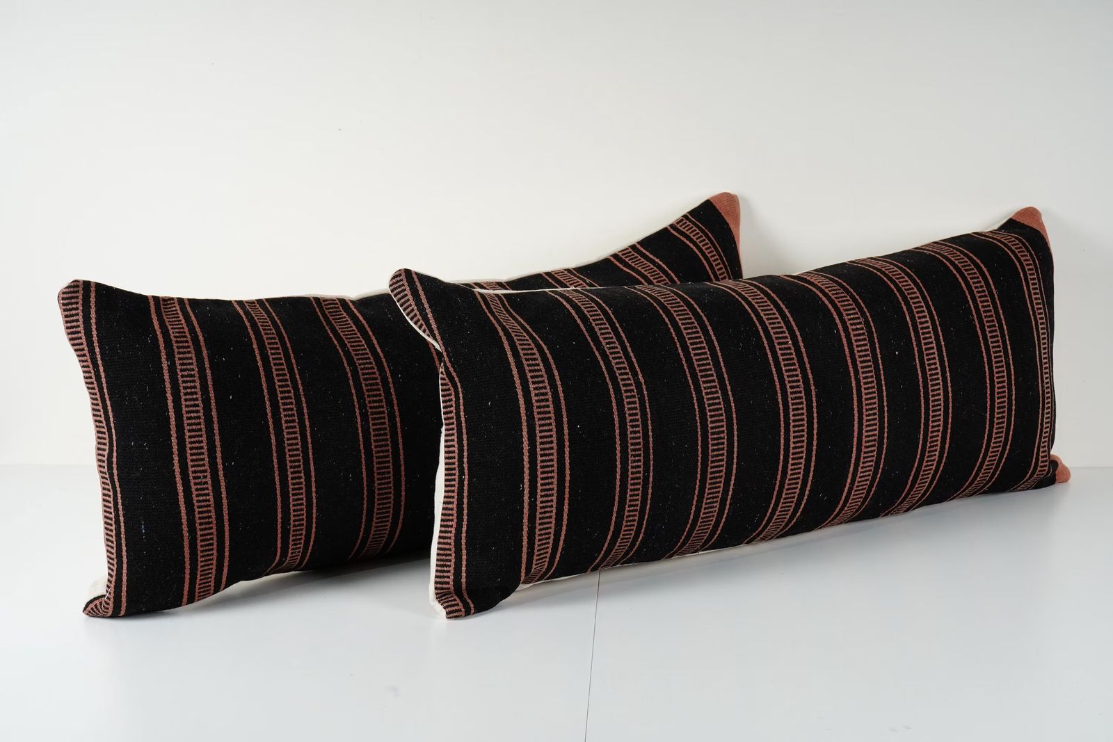 Set Of 2 Vintage Turkish Kilim Lumbar Pillow Covers, Black & Rust Striped Handmade Cushions photo Textiles