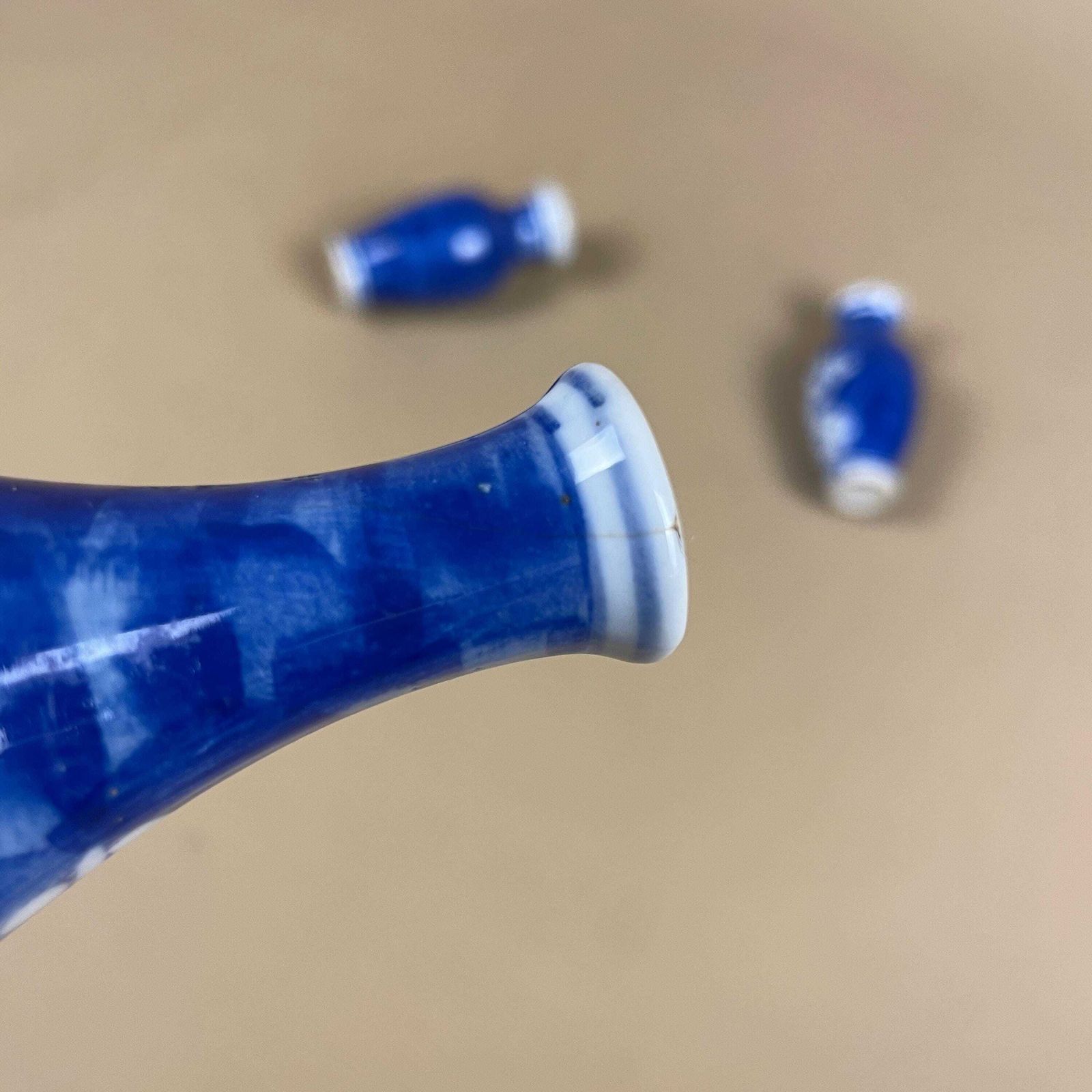 photo for sale Set Of 3 Miniature Oriental Chinese Ceramic Porcelain Hand Painted Vase Small Floral Decorative Pot Antique Asian Flower Blue White Prunus