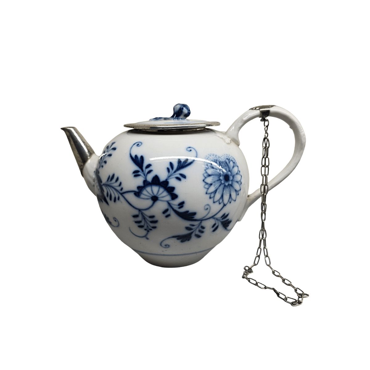Antique German Porcelain Meissen Zwiebelmunster Teapot With Silver, Mid 1800s photo furniture