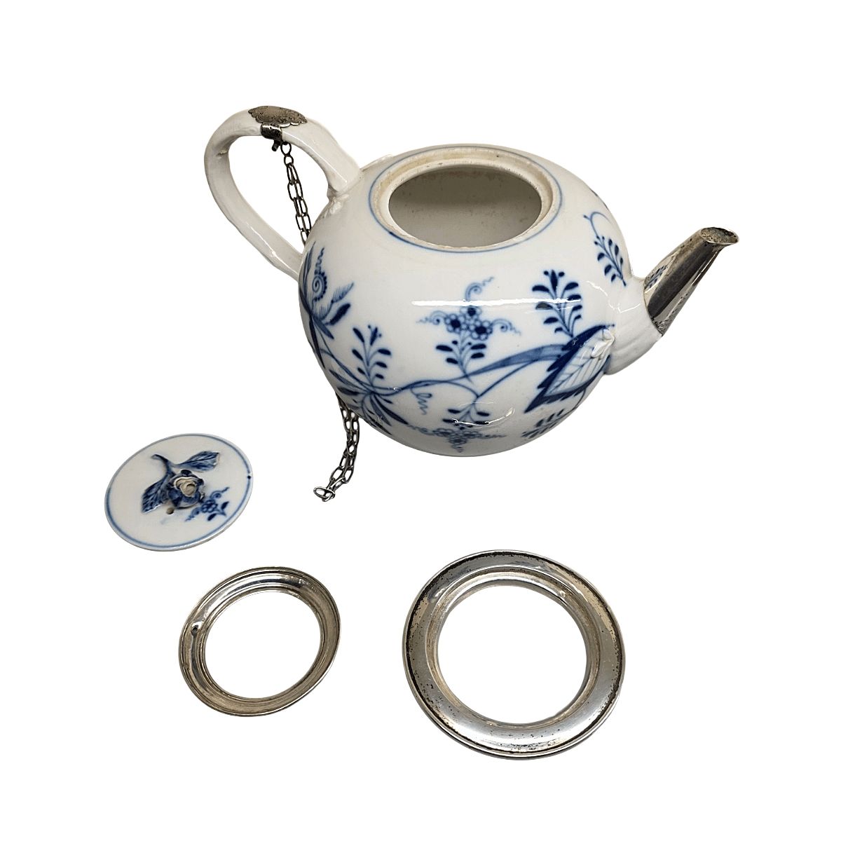 photo for sale Antique German Porcelain Meissen Zwiebelmunster Teapot With Silver, Mid 1800s