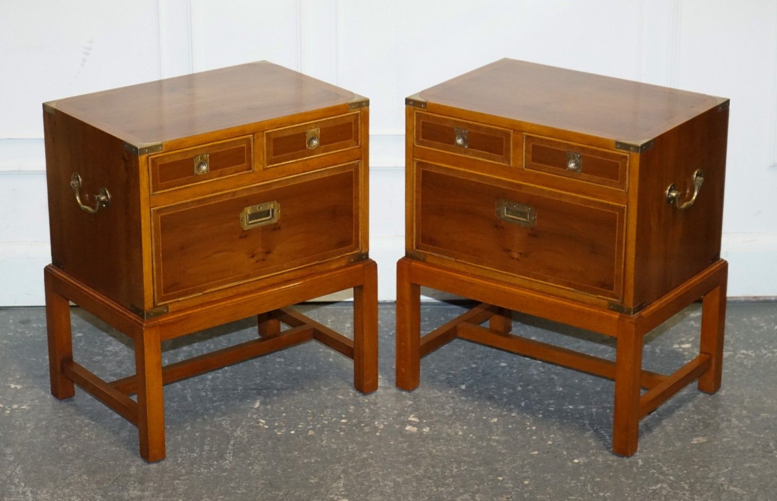 A Pair Of Yew Wood & Brass English Military Campaign End Cabinets Nightstands photo furniture