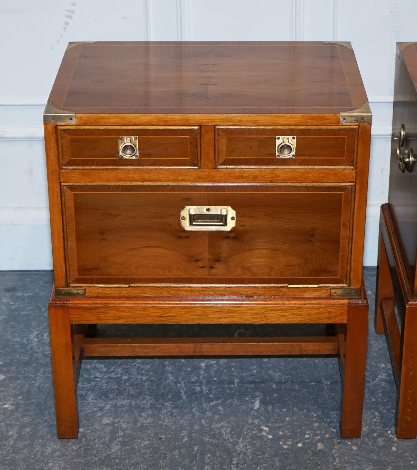 A Pair Of Yew Wood & Brass English Military Campaign End Cabinets Nightstands photo Furniture