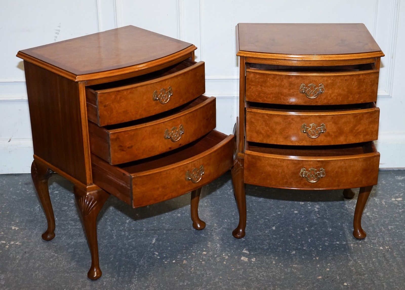 Gorgeous Pair Of Art Deco Style Burr Walnut Bedsides Nightstands Tables photo Furniture