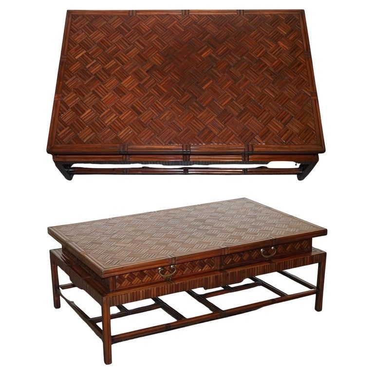 Circa 1950's  Maitland & Clascoe Waven Faux Bamboo Pagoda Coffee Table Drawers