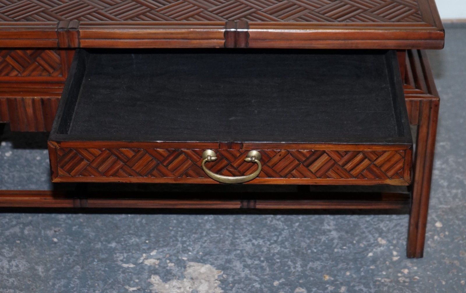 Circa 1950's  Maitland & Clascoe Waven Faux Bamboo Pagoda Coffee Table Drawers photo buy