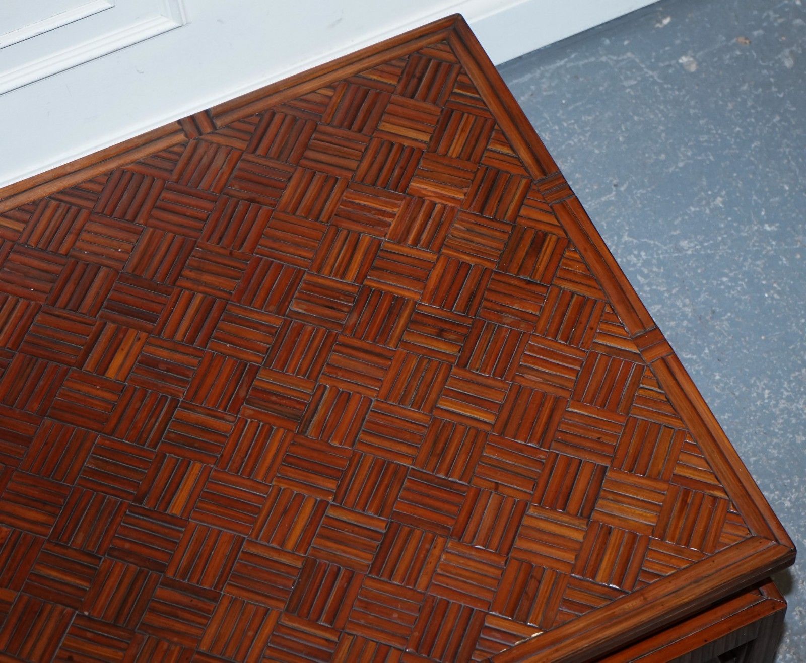 photo for sale Circa 1950's  Maitland & Clascoe Waven Faux Bamboo Pagoda Coffee Table Drawers