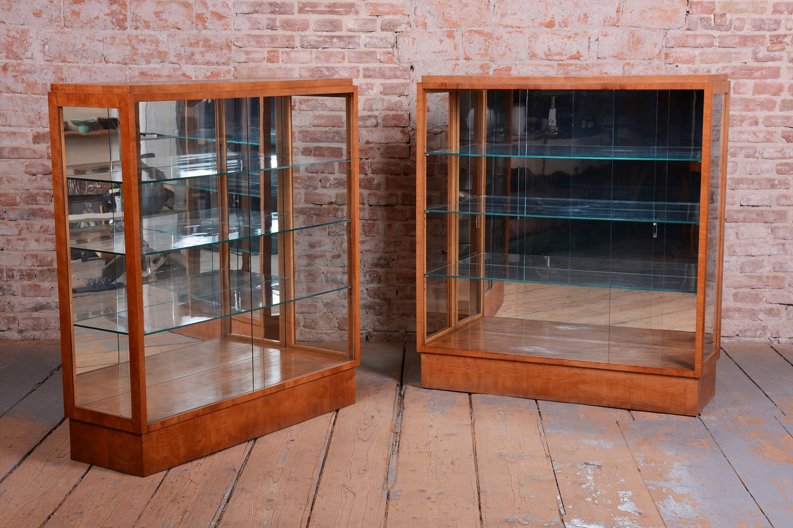 Pair Of Restored Art Deco Display Cabinets, Maple, Glass, Mirror, Czech, 1930s photo furniture