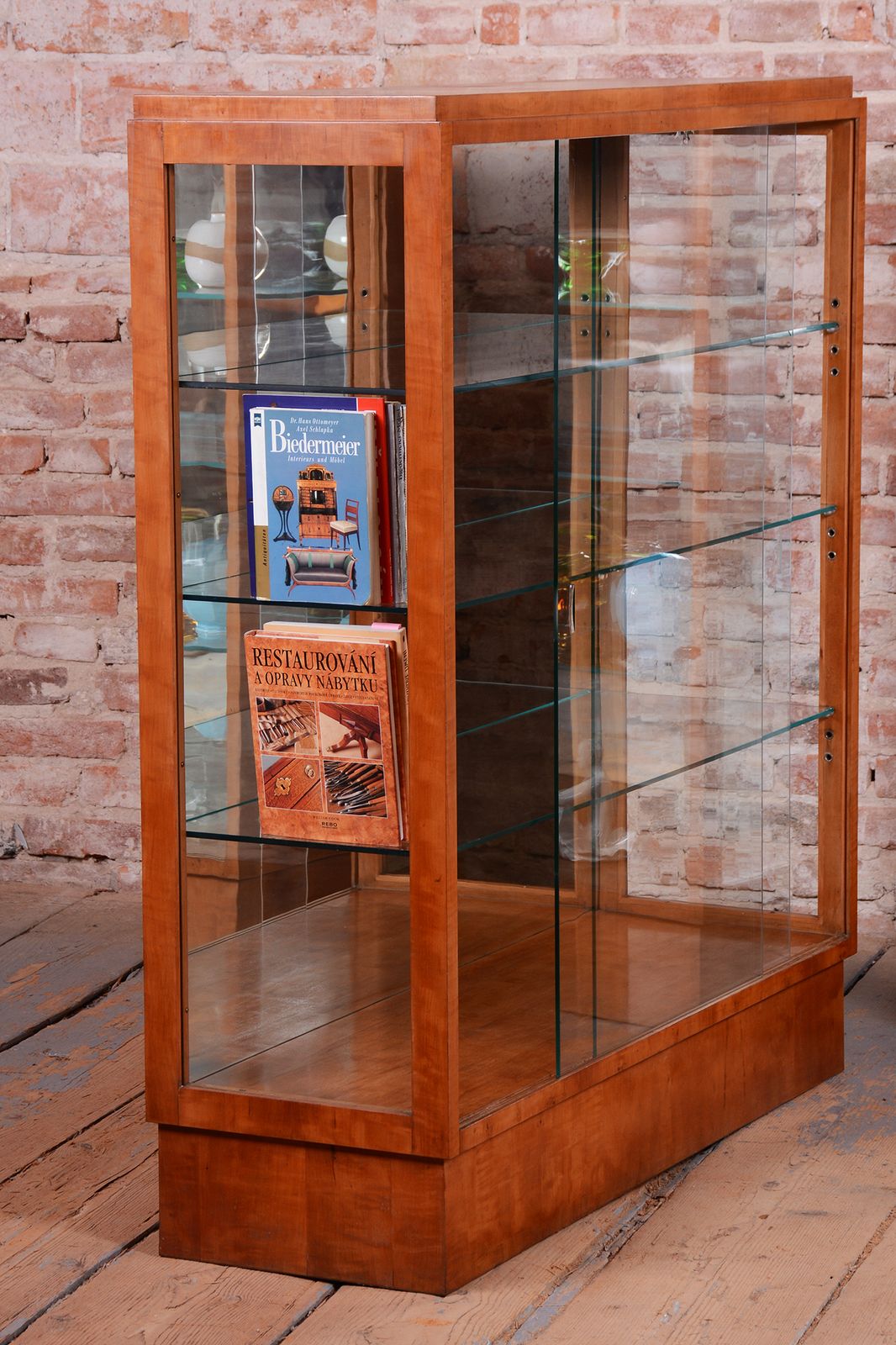 Pair Of Restored Art Deco Display Cabinets, Maple, Glass, Mirror, Czech, 1930s photo for sale