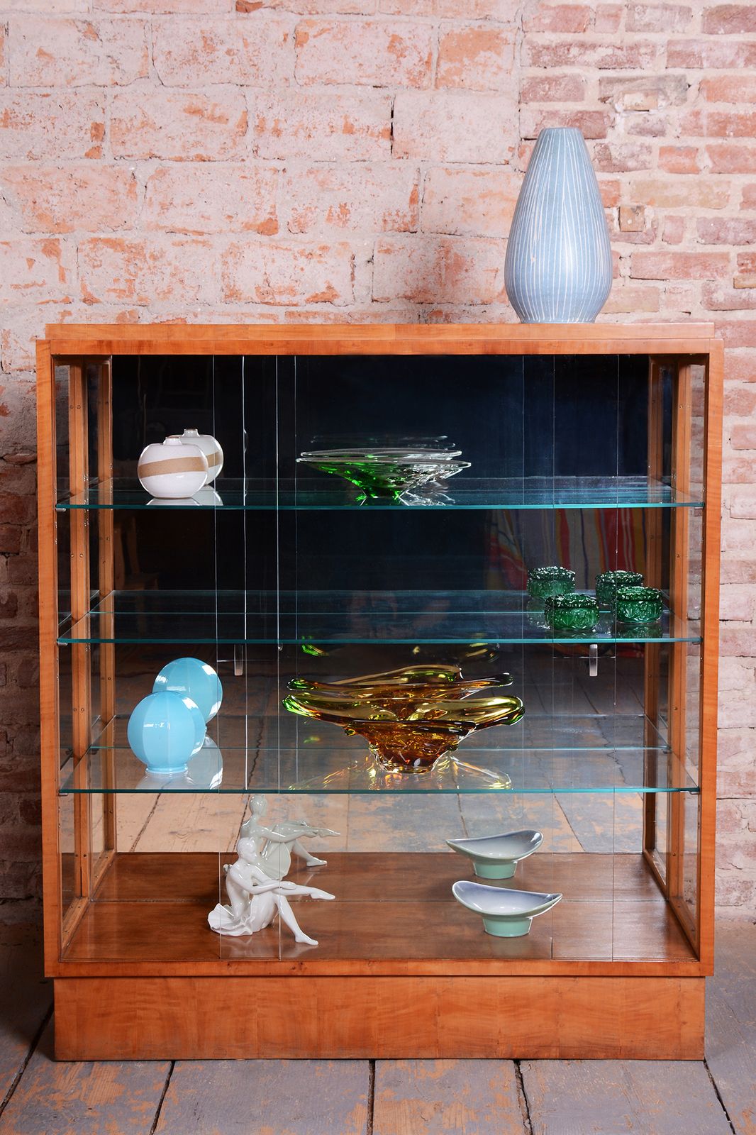 Furniture Pair Of Restored Art Deco Display Cabinets, Maple, Glass, Mirror, Czech, 1930s photo
