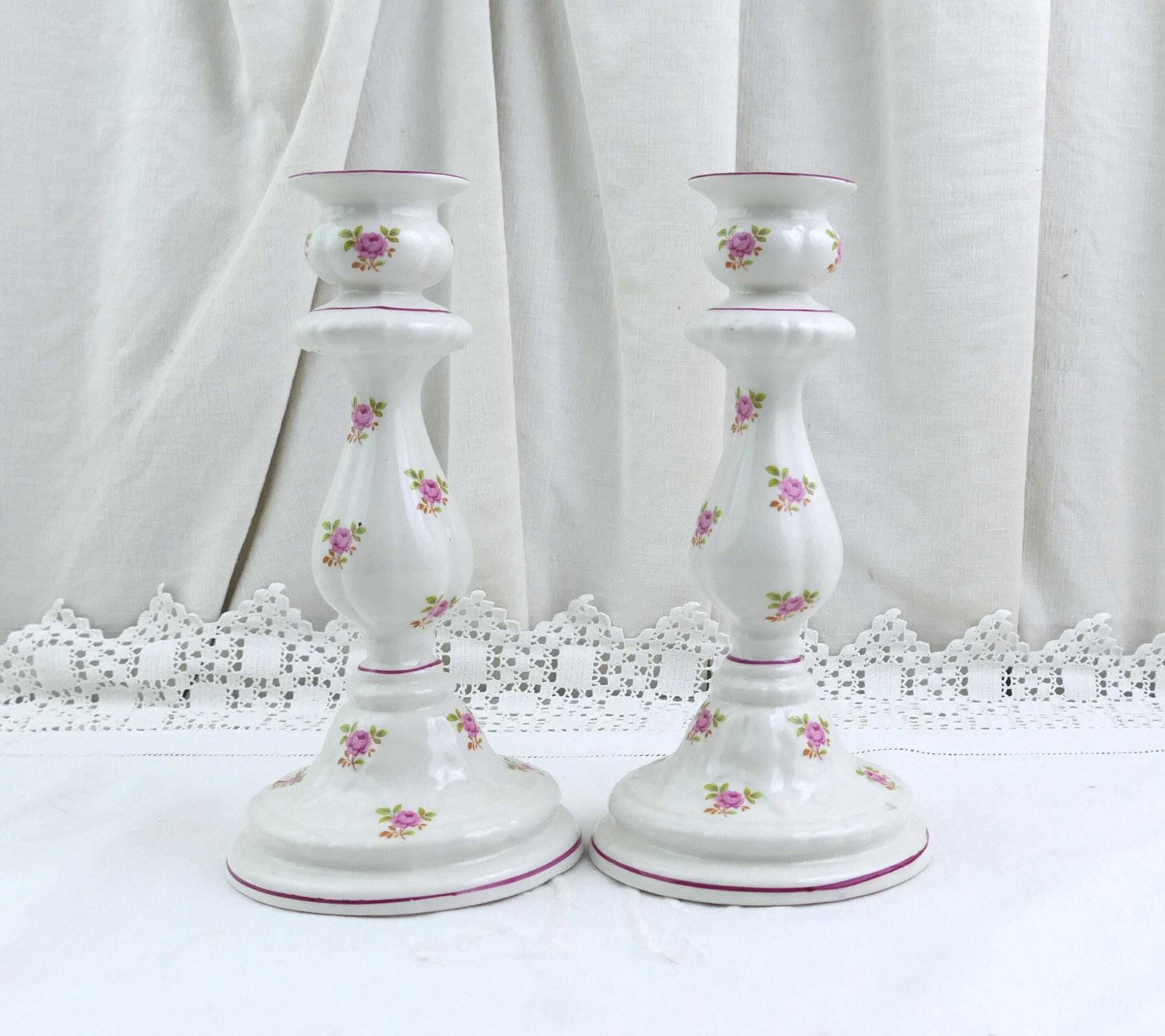Pair Of Vintage English Staffordshire James Kent Old Foley Candle Stick Holders With Small Pink Rose Flower Pattern, Classic 1950s Pottery photo furniture
