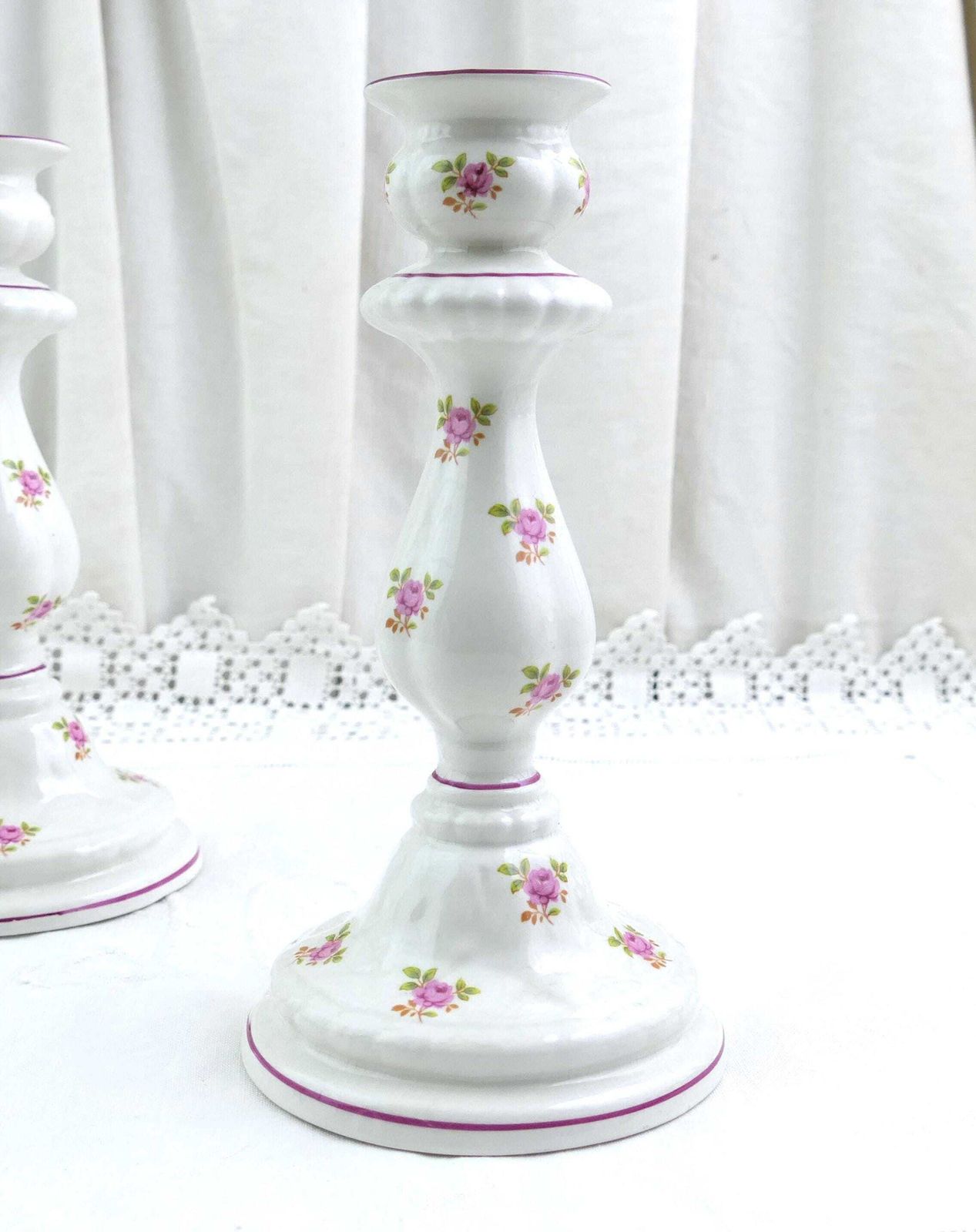 Pair Of Vintage English Staffordshire James Kent Old Foley Candle Stick Holders With Small Pink Rose Flower Pattern, Classic 1950s Pottery photo Home Decor