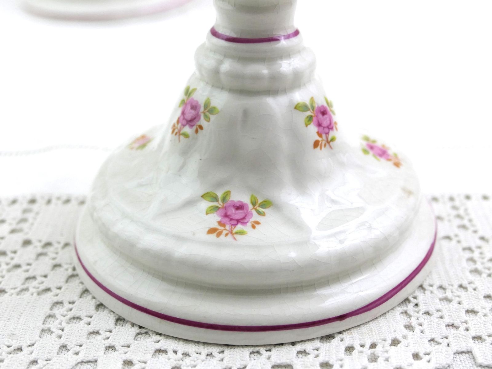 Pair Of Vintage English Staffordshire James Kent Old Foley Candle Stick Holders With Small Pink Rose Flower Pattern, Classic 1950s Pottery photo vinterior