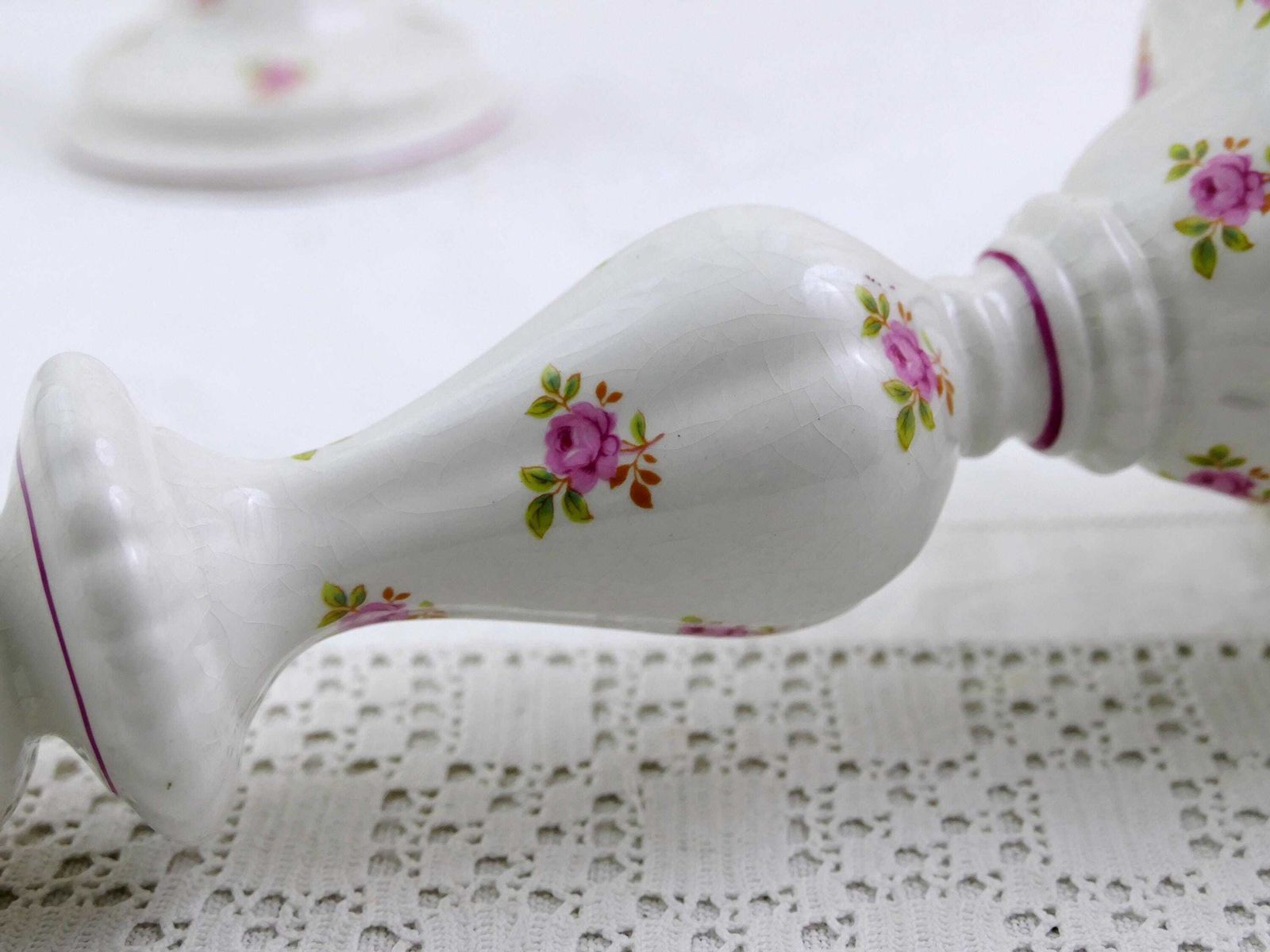 Pair Of Vintage English Staffordshire James Kent Old Foley Candle Stick Holders With Small Pink Rose Flower Pattern, Classic 1950s Pottery photo vintage