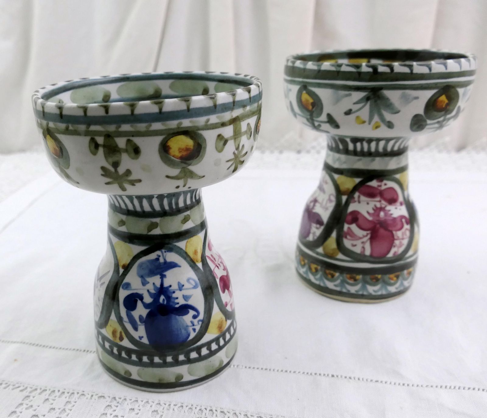Pair Of Vintage French Keraluc Mid Century Studio Pottery Candle Holder With Hand Painted Pattern Artist Millot, Retro 1960s Breton photo Home Decor