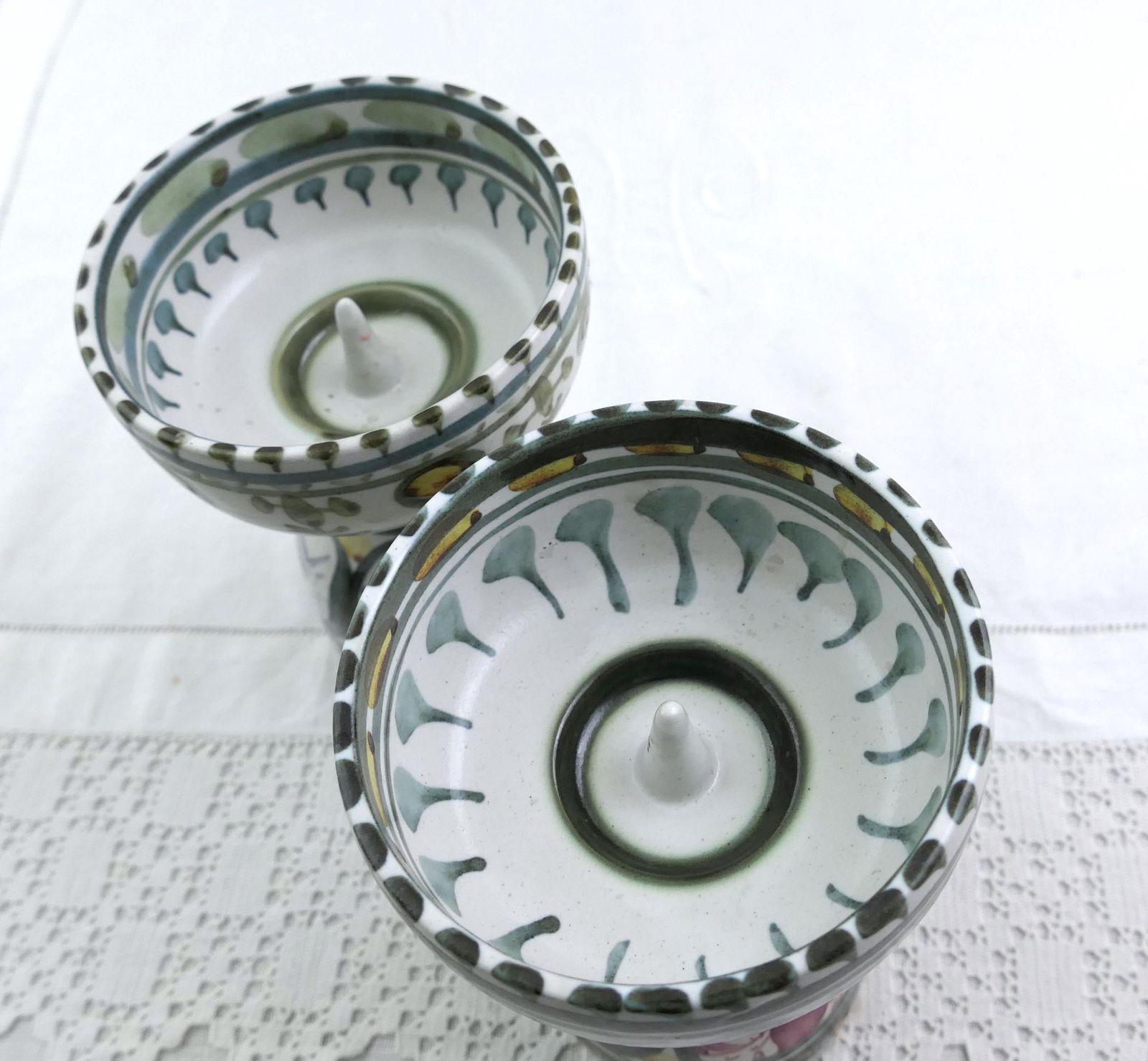 photo furniture Pair Of Vintage French Keraluc Mid Century Studio Pottery Candle Holder With Hand Painted Pattern Artist Millot, Retro 1960s Breton