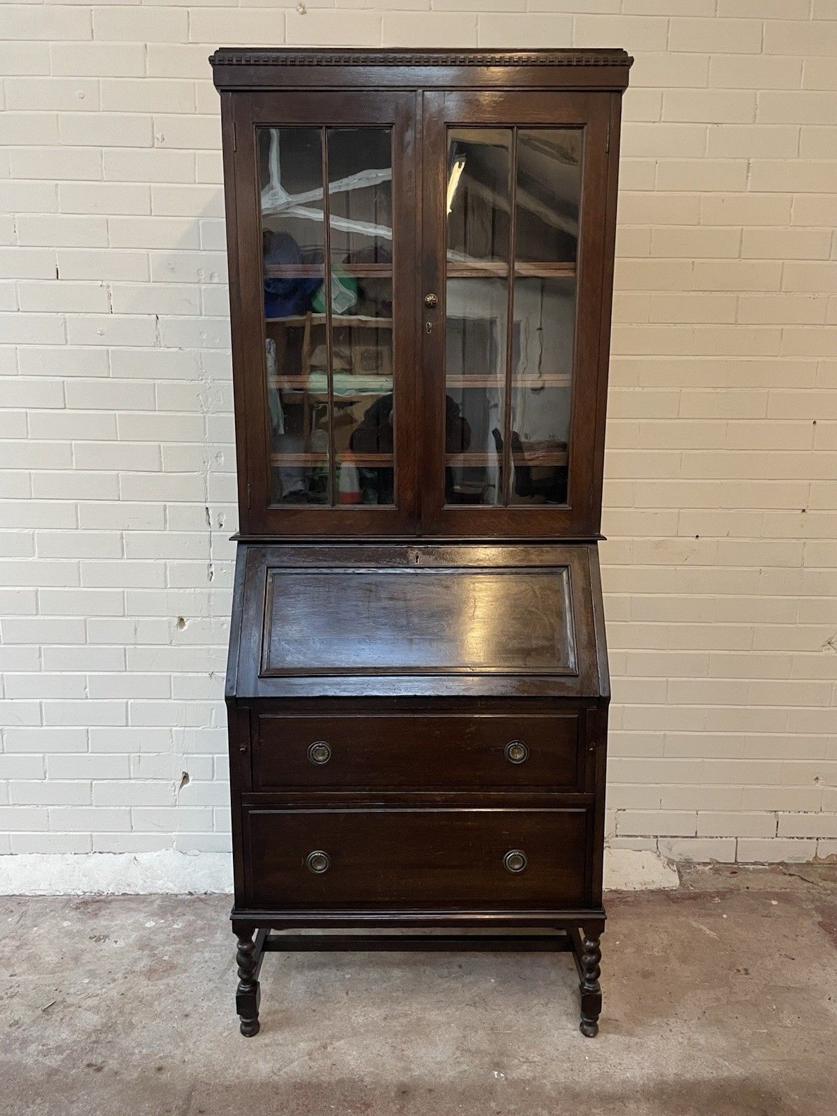 Late Edwardian, Dark Oak Secretary Bureau Bookcase, With Adjustable Shelves.