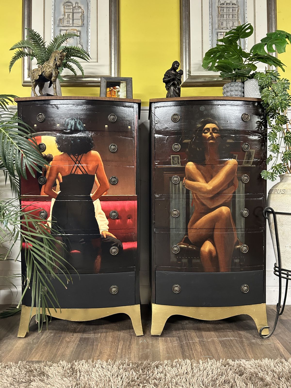 A Striking Pair Of Bow Fronted Chests Of Drawers Adorned With Jack Vettriano Art From His Erotic Collection Celebrating The Power Of The Woman photo for sale