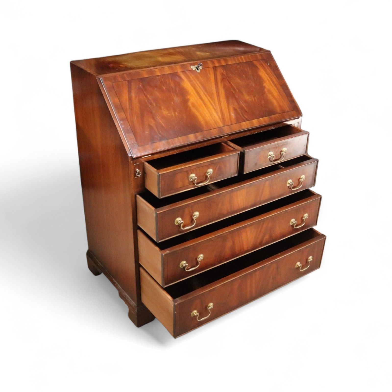 Vintage Bevan Funnell "Reprodux" George III Style Flame Mahogany Bureau photo for sale