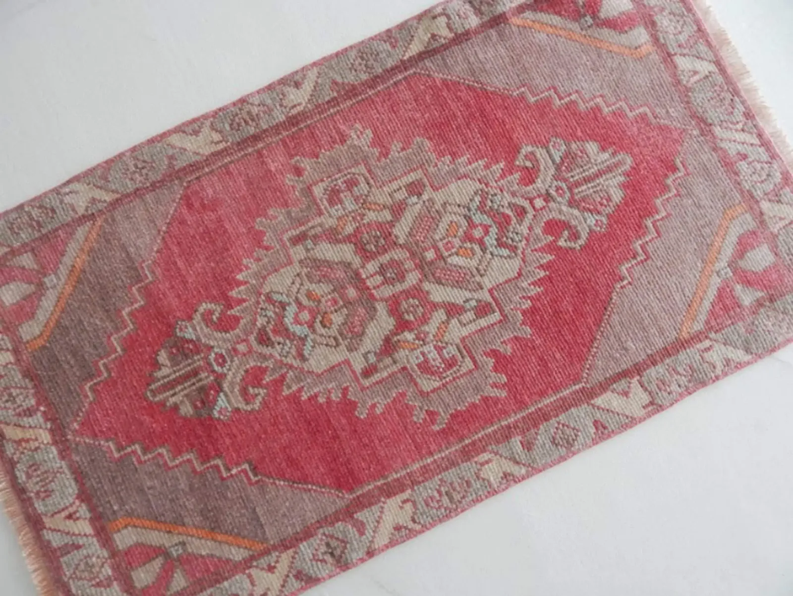 Distressed Low Pile Small Turkish Hand Knotted Yastik Rug 1′10″ × 3′3″ photo for sale