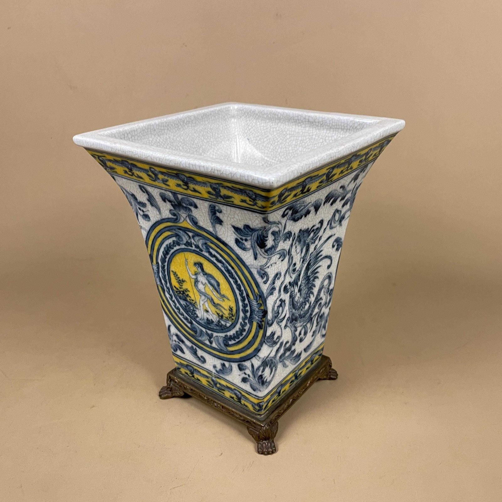 Vintage Ceramic Planter Blue & White Vase With Gold Metal Stand Continental Display Patterned Flared Top Crackle Glaze Flower Yellow